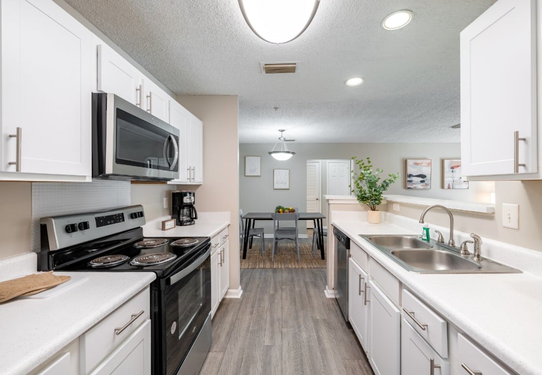 Modern kitchen with white cabinets, stainless steel appliances, an electric stove, double sink, and a view into a dining area with wall art and a small plant.